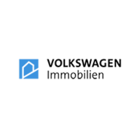 Logo von Volkswagen Immobilien mit blauem Quadrat und stilisiertem Haus.